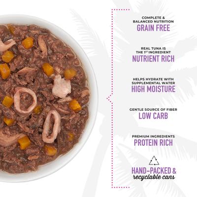 Show full view: Tiki Cat Aloha Friends Tuna, Calamari & Pumpkin Recipe in Broth Grain-Free Wet Cat Food, 3-oz can, case of 12 slide 6 of 12