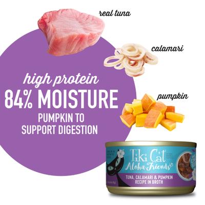 Show full view: Tiki Cat Aloha Friends Tuna, Calamari & Pumpkin Recipe in Broth Grain-Free Wet Cat Food, 3-oz can, case of 12 slide 5 of 12