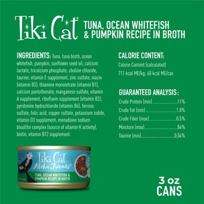 Show full view: Tiki Cat Aloha Friends Tuna, Ocean Whitefish & Pumpkin Recipe in Broth Grain-Free Wet Cat Food, 3-oz can, case of 12 slide 4 of 12
