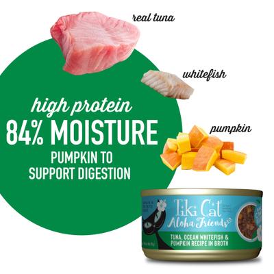 Show full view: Tiki Cat Aloha Friends Tuna, Ocean Whitefish & Pumpkin Recipe in Broth Grain-Free Wet Cat Food, 3-oz can, case of 12 slide 5 of 12