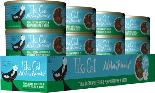 Show full view: Tiki Cat Aloha Friends Tuna, Ocean Whitefish & Pumpkin Recipe in Broth Grain-Free Wet Cat Food, 3-oz can, case of 12 slide 3 of 12