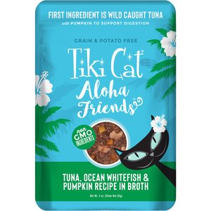 Tiki Cat Aloha Friends Tuna, Ocean Whitefish & Pumpkin Recipe in Broth Grain-Free Wet Cat Food, 3-oz pouch, case of 12