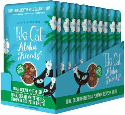 Show full view: Tiki Cat Aloha Friends Tuna, Ocean Whitefish & Pumpkin Recipe in Broth Grain-Free Wet Cat Food, 3-oz pouch, case of 12 slide 3 of 12