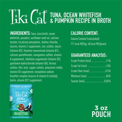 Show full view: Tiki Cat Aloha Friends Tuna, Ocean Whitefish & Pumpkin Recipe in Broth Grain-Free Wet Cat Food, 3-oz pouch, case of 12 slide 5 of 12