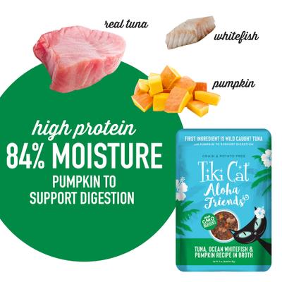 Show full view: Tiki Cat Aloha Friends Tuna, Ocean Whitefish & Pumpkin Recipe in Broth Grain-Free Wet Cat Food, 3-oz pouch, case of 12 slide 7 of 12