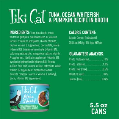 Show full view: Tiki Cat Aloha Friends Tuna, Ocean Whitefish & Pumpkin Recipe in Broth Grain-Free Wet Cat Food, 5.5-oz can, case of 8 slide 4 of 12