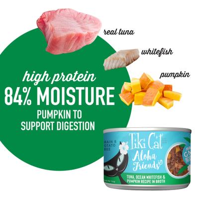 Show full view: Tiki Cat Aloha Friends Tuna, Ocean Whitefish & Pumpkin Recipe in Broth Grain-Free Wet Cat Food, 5.5-oz can, case of 8 slide 5 of 12