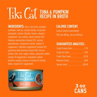 Show full view: Tiki Cat Aloha Friends Tuna & Pumpkin Recipe in Broth Grain-Free Wet Cat Food, 3-oz can, case of 12 slide 4 of 12