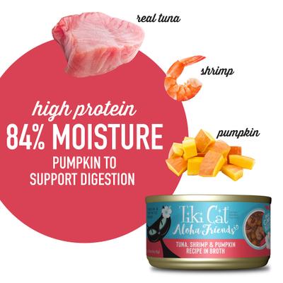 Show full view: Tiki Cat Aloha Friends Tuna, Shrimp & Pumpkin Recipe in Broth Grain-Free Wet Cat Food, 3-oz can, case of 12 slide 5 of 12
