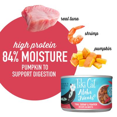 Show full view: Tiki Cat Aloha Friends Tuna, Shrimp & Pumpkin Recipe in Broth Grain-Free Wet Cat Food, 5.5-oz can, case of 8 slide 5 of 12