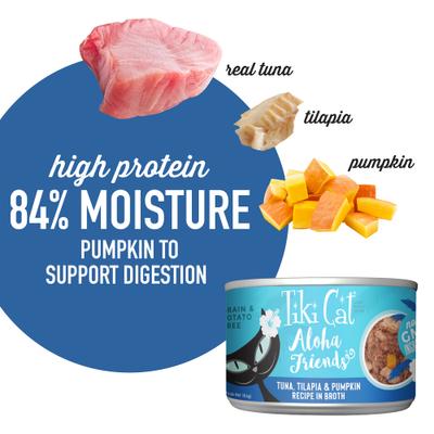 Show full view: Tiki Cat Aloha Friends Tuna, Tilapia & Pumpkin Recipe in Broth Grain-Free Wet Cat Food, 5.5-oz can, case of 8 slide 6 of 12