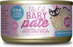 Tiki Cat Baby Chicken, Duck & Duck Liver Pate Grain-Free Wet Kitten Food, 2.4-oz can, case of 12