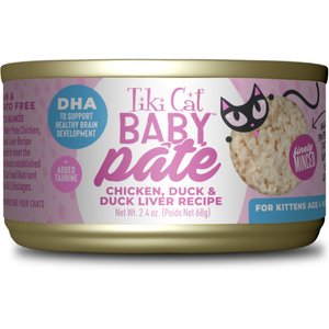 Tiki Cat Baby Chicken, Duck & Duck Liver Pate Grain-Free Wet Kitten Food, 2.4-oz can, case of 12