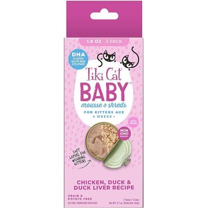 Tiki Cat Baby Chicken, Duck & Duck Liver Recipe Trial Pack Grain-Free Mousse & Shreds Wet Kitten Food, 1.9-oz can, case of 3