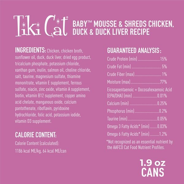 Tiki Cat Baby Chicken, Duck & Duck Liver Recipe Trial Pack Grain-Free Mousse & Shreds Wet Kitten Food