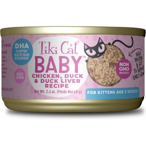 Tiki Cat Baby Chicken, Duck & Duck Liver Recipe Grain-Free Wet Kitten Food, 2.4-oz can, case of 12
