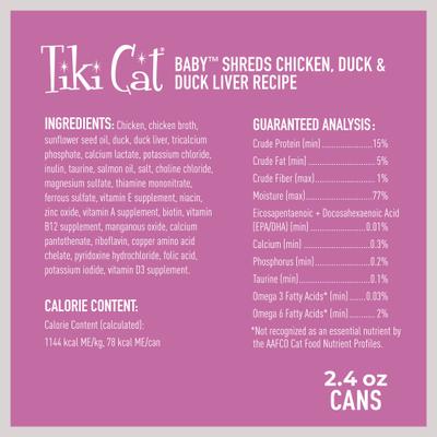 Show full view: Tiki Cat Baby Chicken, Duck & Duck Liver Recipe Grain-Free Wet Kitten Food, 2.4-oz can, case of 12 slide 4 of 11