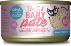 Tiki Cat Baby Chicken, Salmon & Chicken Liver Pate Grain-Free Wet Kitten Food, 2.4-oz can, case of 12