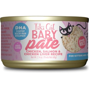 Tiki Cat Baby Chicken, Salmon & Chicken Liver Pate Grain-Free Wet Kitten Food, 2.4-oz can, case of 12