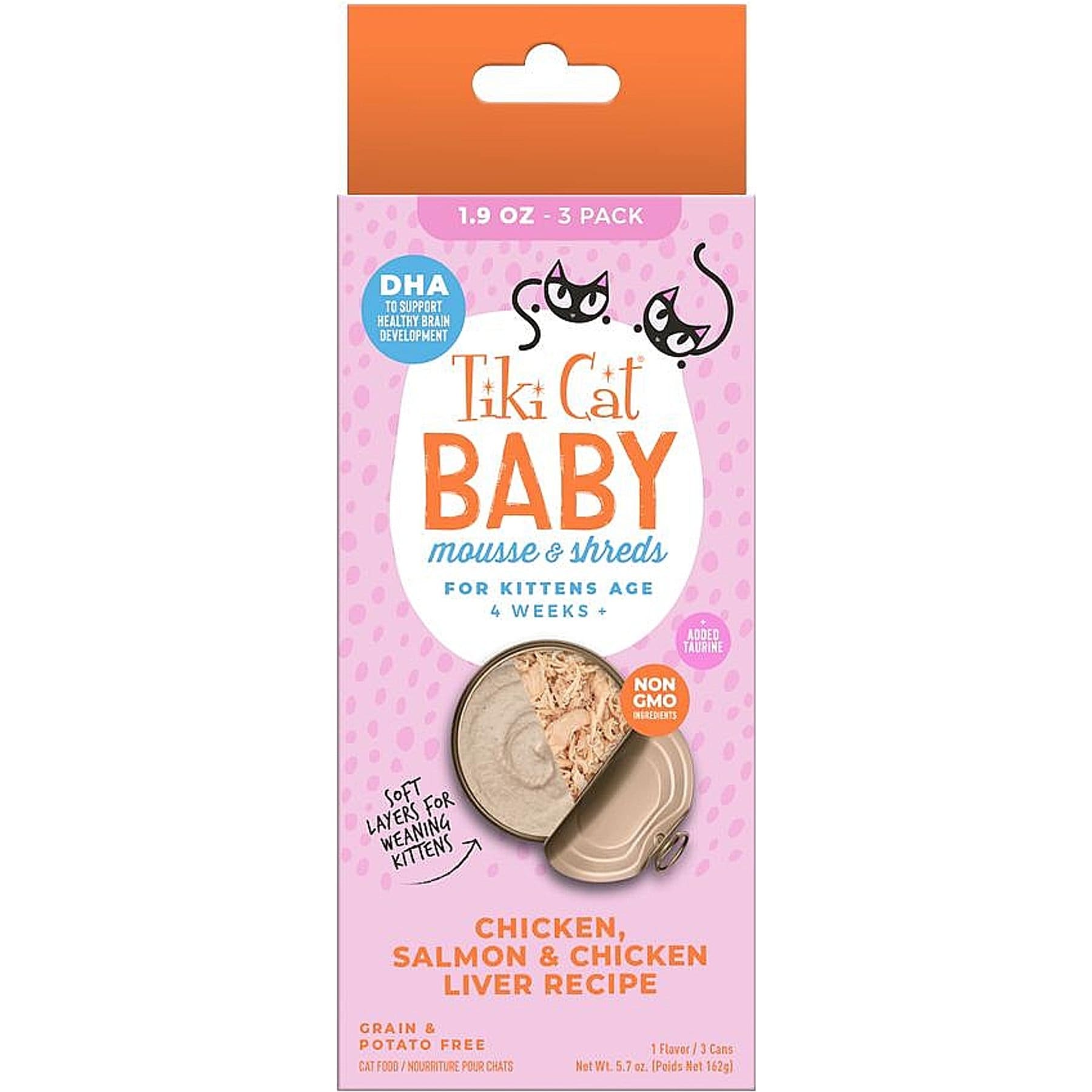 Tiki Cat Baby Chicken, Salmon & Chicken Liver Recipe Trial Pack Grain-Free Mousse & Shreds Wet Kitten Food, 1.9-oz can, case of 3