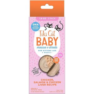 Tiki Cat Baby Chicken, Salmon & Chicken Liver Recipe Trial Pack Grain-Free Mousse & Shreds Wet Kitten Food, 1.9-oz can, case of 3