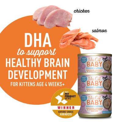 Show full view: Tiki Cat Baby Chicken, Salmon & Chicken Liver Recipe Trial Pack Grain-Free Mousse & Shreds Wet Kitten Food, 1.9-oz can, case of 3 slide 5 of 11