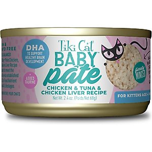 Tiki Cat Baby Chicken, Tuna & Chicken Liver Pate Grain-Free Wet Kitten Food, 2.4-oz can, case of 12