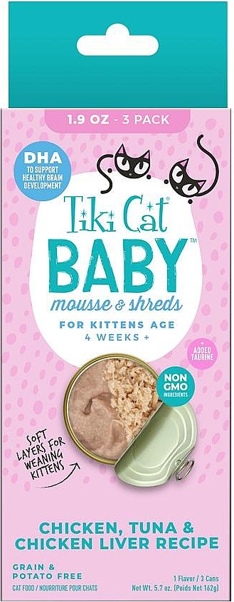 Tiki Cat Baby Chicken, Tuna & Chicken Liver Recipe Trial Pack Grain-Free Mousse & Shreds Wet Kitten Food