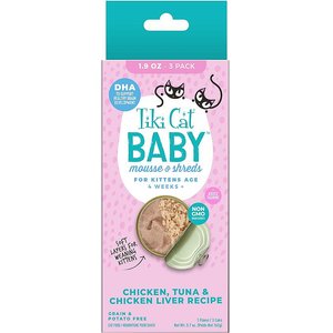 Tiki Cat Baby Chicken, Tuna & Chicken Liver Recipe Trial Pack Grain-Free Mousse & Shreds Wet Kitten Food, 1.9-oz can, case of 3