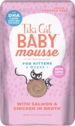 Tiki Cat Baby Mousse with Salmon & Chicken Liver in Broth Grain-Free Wet Kitten Food, 2.4-oz pouch, pack of 12
