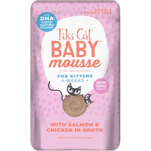 Tiki Cat Baby Mousse with Salmon & Chicken Liver in Broth Grain-Free Wet Kitten Food, 2.4-oz pouch, pack of 12