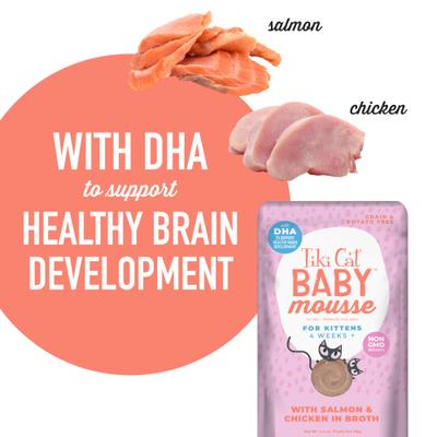 Show full view: Tiki Cat Baby Mousse with Salmon & Chicken Liver in Broth Grain-Free Wet Kitten Food, 2.4-oz pouch, pack of 12 slide 4 of 11