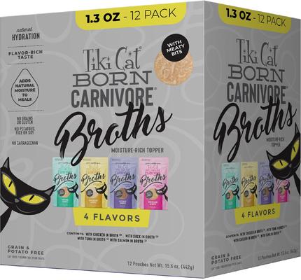 Show full view: Tiki Cat Born Carnivore Broths Variety Pack Grain-Free Wet Cat Food Topper, 1.3-oz pouch, case of 12 slide 1 of 11