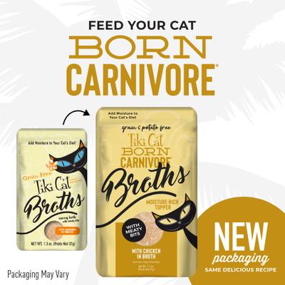 Show full view: Tiki Cat Born Carnivore Broths with Chicken in Broth Grain-Free Wet Cat Food Topper, 1.3-oz pouch, case of 12 slide 3 of 11