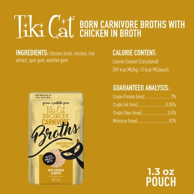 Show full view: Tiki Cat Born Carnivore Broths with Chicken in Broth Grain-Free Wet Cat Food Topper, 1.3-oz pouch, case of 12 slide 4 of 11