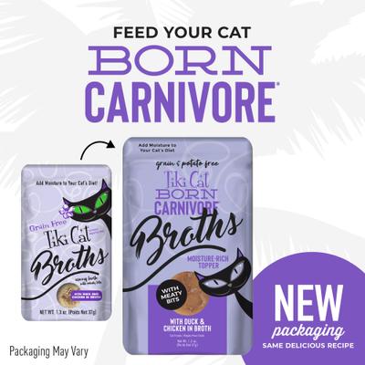 Show full view: Tiki Cat Born Carnivore Broths with Duck & Chicken in Broth Grain-Free Wet Cat Food Topper, 1.3-oz pouch, case of 12 slide 3 of 10