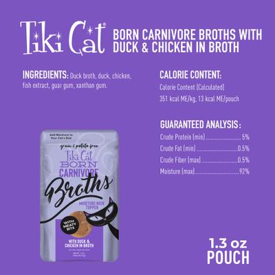 Show full view: Tiki Cat Born Carnivore Broths with Duck & Chicken in Broth Grain-Free Wet Cat Food Topper, 1.3-oz pouch, case of 12 slide 4 of 10