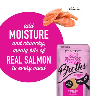 Show full view: Tiki Cat Born Carnivore Broths with Salmon in Broth Grain-Free Wet Cat Food Topper, 1.3-oz pouch, case of 12 slide 6 of 11