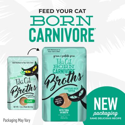 Show full view: Tiki Cat Born Carnivore Broths with Tuna in Broth Grain-Free Wet Cat Food Topper, 1.3-oz pouch, case of 12 slide 3 of 11