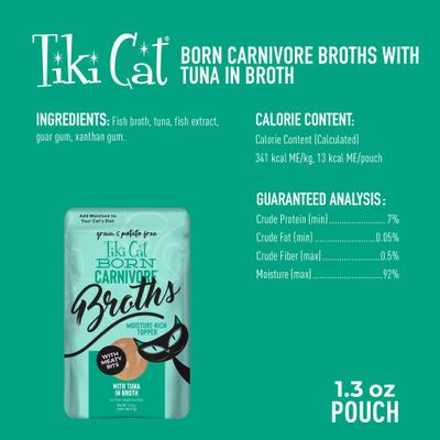Show full view: Tiki Cat Born Carnivore Broths with Tuna in Broth Grain-Free Wet Cat Food Topper, 1.3-oz pouch, case of 12 slide 4 of 11