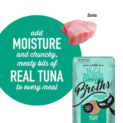 Show full view: Tiki Cat Born Carnivore Broths with Tuna in Broth Grain-Free Wet Cat Food Topper, 1.3-oz pouch, case of 12 slide 6 of 11