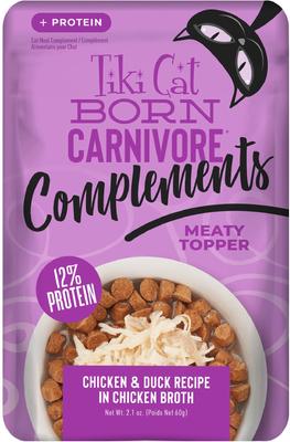 Show full view: Tiki Cat Born Carnivore Complements Chicken & Duck Recipe in Chicken Broth Grain-Free Wet Cat Food Topper, 2.1-oz pouch, case of 12 slide 1 of 10