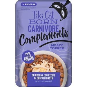 Tiki Cat Born Carnivore Complements Chicken & Egg Recipe in Chicken Broth Grain-Free Wet Cat Food Topper, 2.1-oz pouch, case of 12