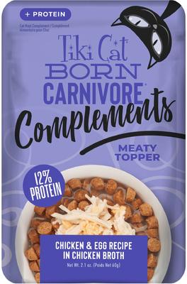 Show full view: Tiki Cat Born Carnivore Complements Chicken & Egg Recipe in Chicken Broth Grain-Free Wet Cat Food Topper, 2.1-oz pouch, case of 12 slide 1 of 10