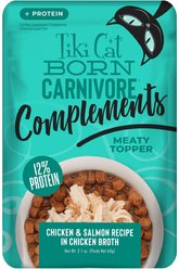 Tiki Cat Born Carnivore Complements Chicken & Salmon Recipe in Chicken Broth Grain-Free Wet Cat Food Topper, 2.1-oz pouch, case of 12