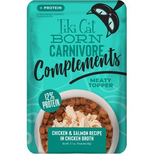 Tiki Cat Born Carnivore Complements Chicken & Salmon Recipe in Chicken Broth Grain-Free Wet Cat Food Topper, 2.1-oz pouch, case of 12