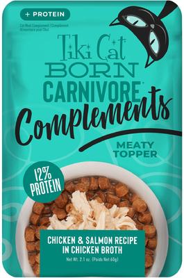 Show full view: Tiki Cat Born Carnivore Complements Chicken & Salmon Recipe in Chicken Broth Grain-Free Wet Cat Food Topper, 2.1-oz pouch, case of 12 slide 1 of 10
