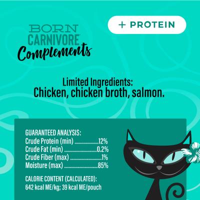 Show full view: Tiki Cat Born Carnivore Complements Chicken & Salmon Recipe in Chicken Broth Grain-Free Wet Cat Food Topper, 2.1-oz pouch, case of 12 slide 4 of 10