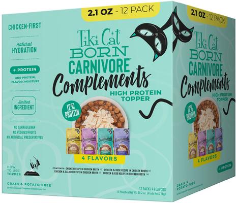 Show full view: Tiki Cat Born Carnivore Complements Variety Pack Grain-Free Wet Cat Food Topper, 2.1-oz pouch, case of 12 slide 1 of 10