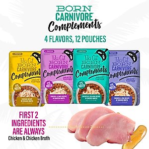 Tiki Cat Born Carnivore Complements Variety Pack Grain-Free Wet Cat Food Topper, 2.1-oz pouch, case of 12